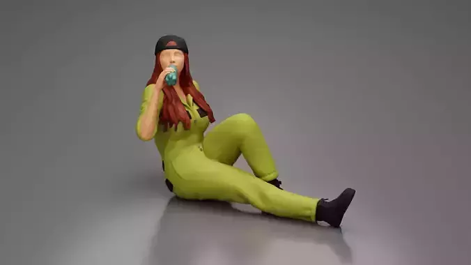 Tired woman mechanic in suit cap sitting drinking water