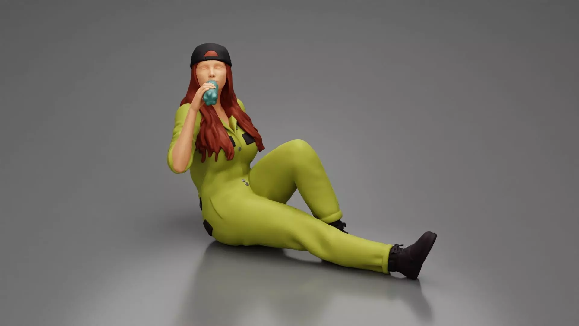 Tired woman mechanic in suit cap sitting drinking water 3D print model