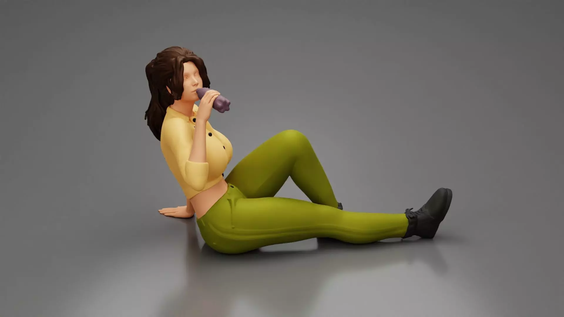 Tired girl mechanic in shirt pants sitting drinking water 3D print model