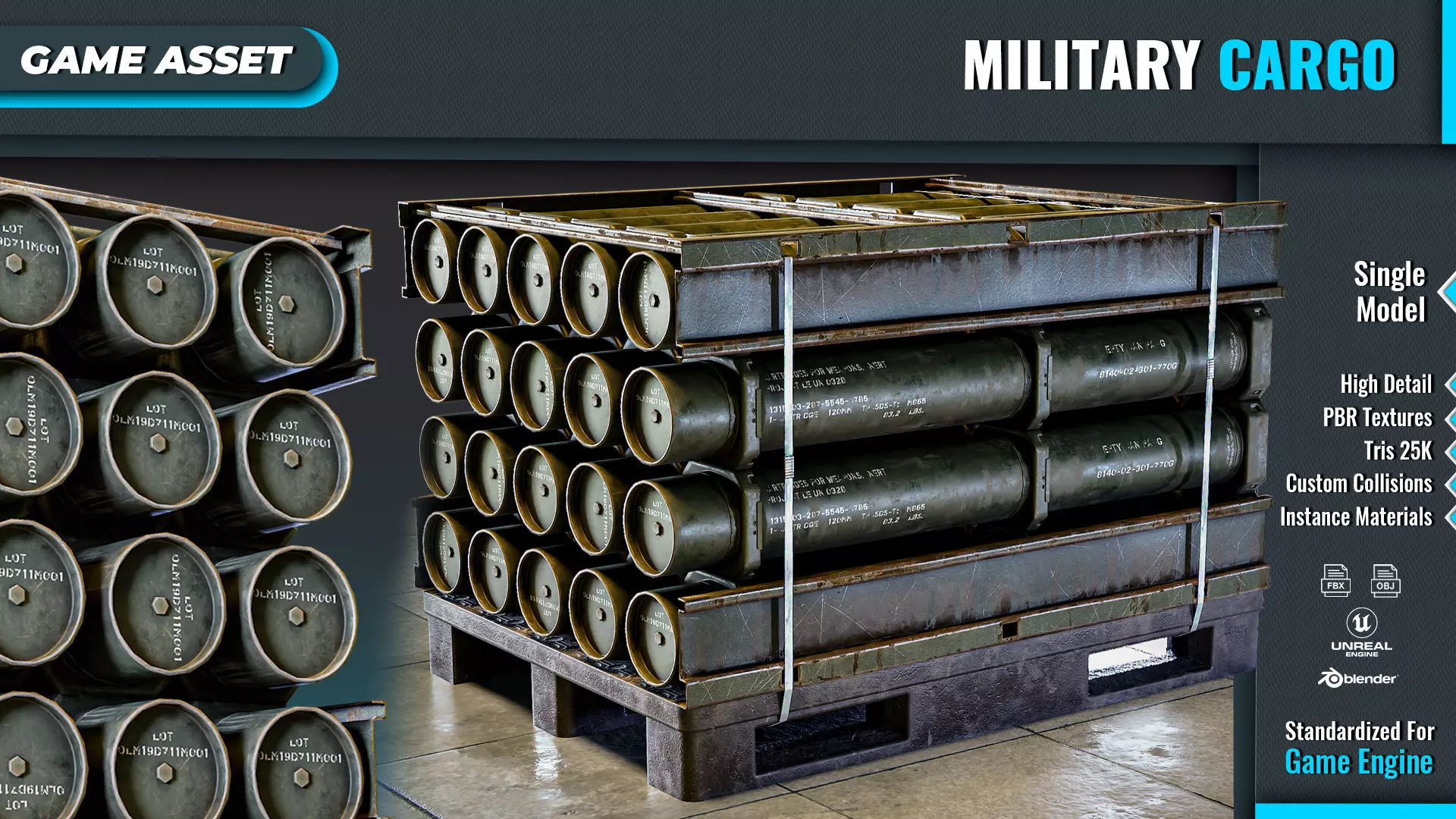 Military Cartridge Tube Cargo Low-poly 3D model_0