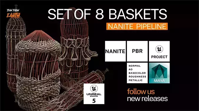 Game ready set of eastern baskets Nanite pipeline Low-poly 3D model