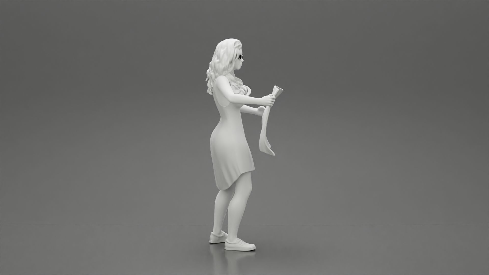 travel woman in dress with sunglasses holding a map looking map 3D print model_8