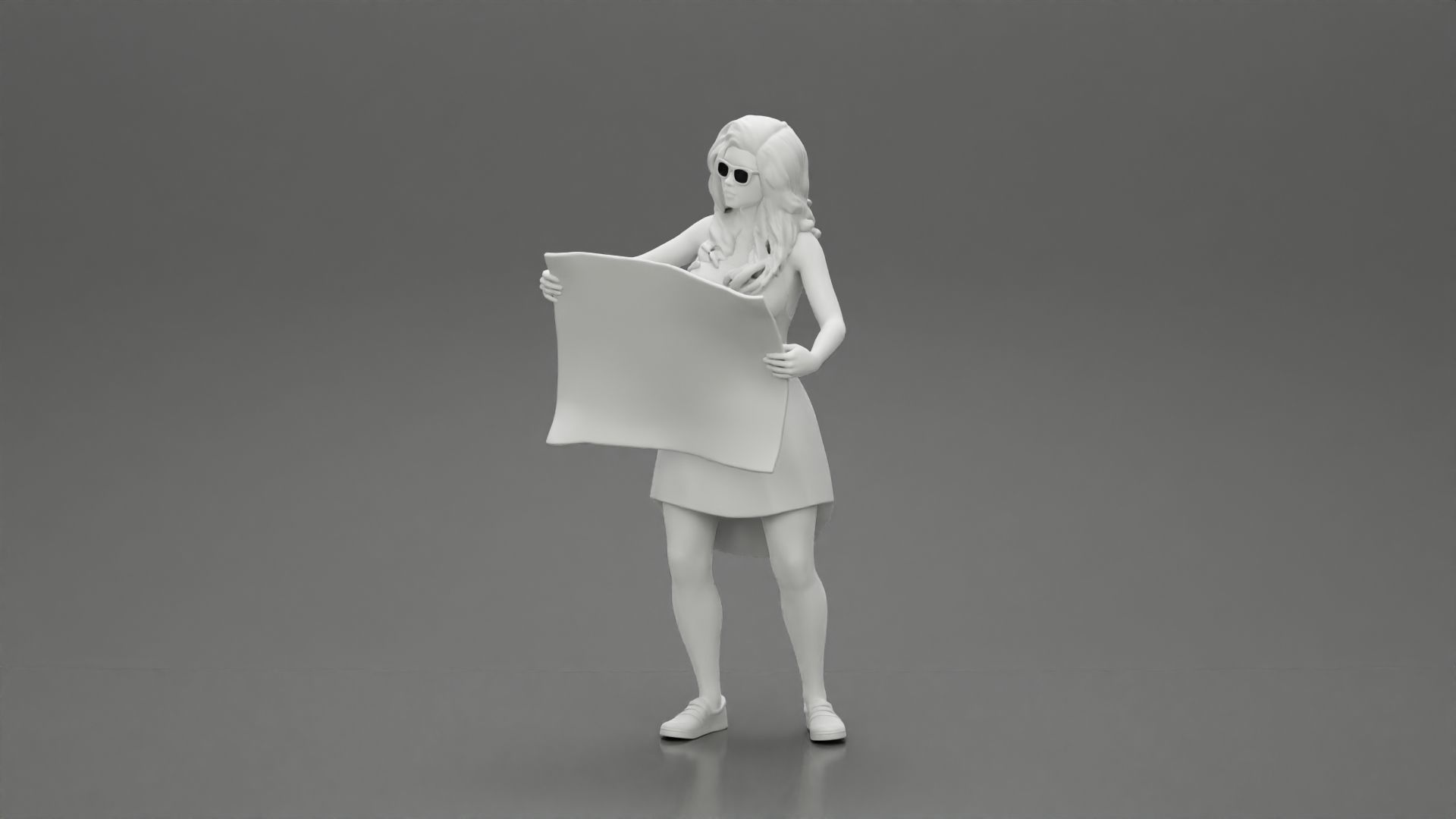 travel woman in dress with sunglasses holding a map looking map 3D print model_6