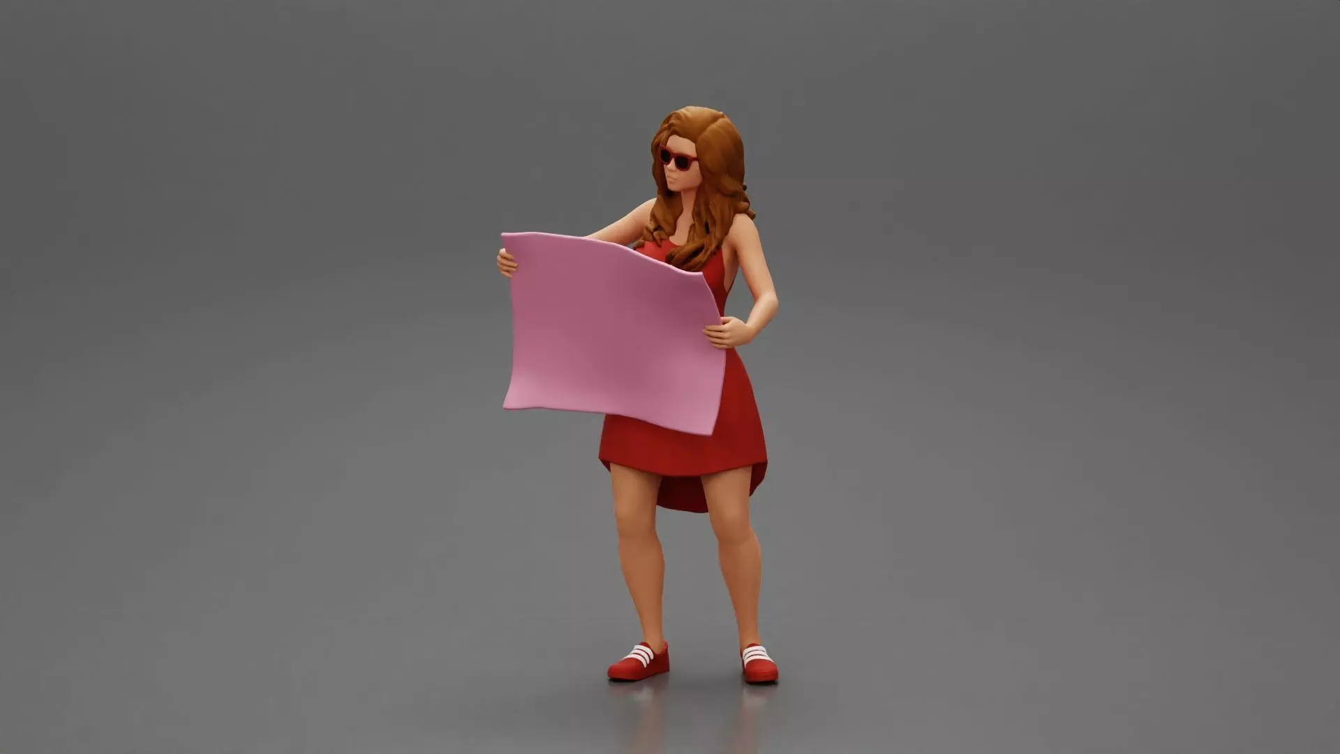 travel woman in dress with sunglasses holding a map looking map 3D print model_0