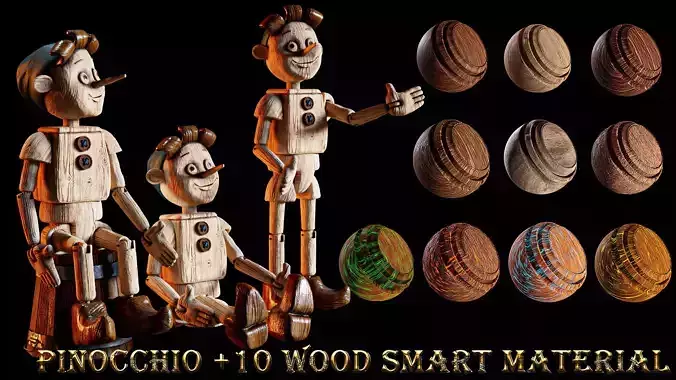 PINOCCHIO WITH 10 WOOD SMART MATERIALS 3D model
