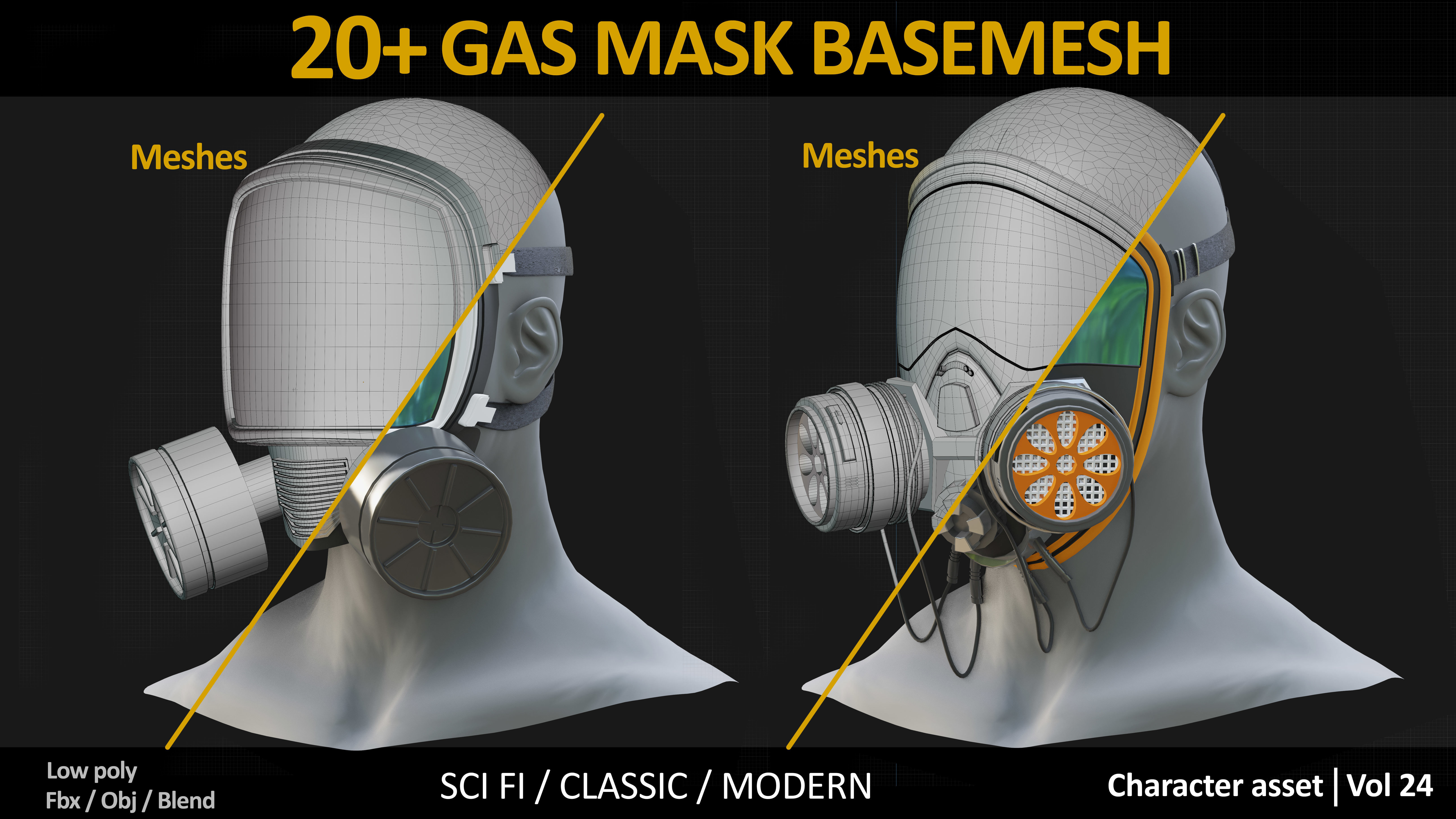 20 GAS MASKS BASEMESHES Low-poly 3D model_6