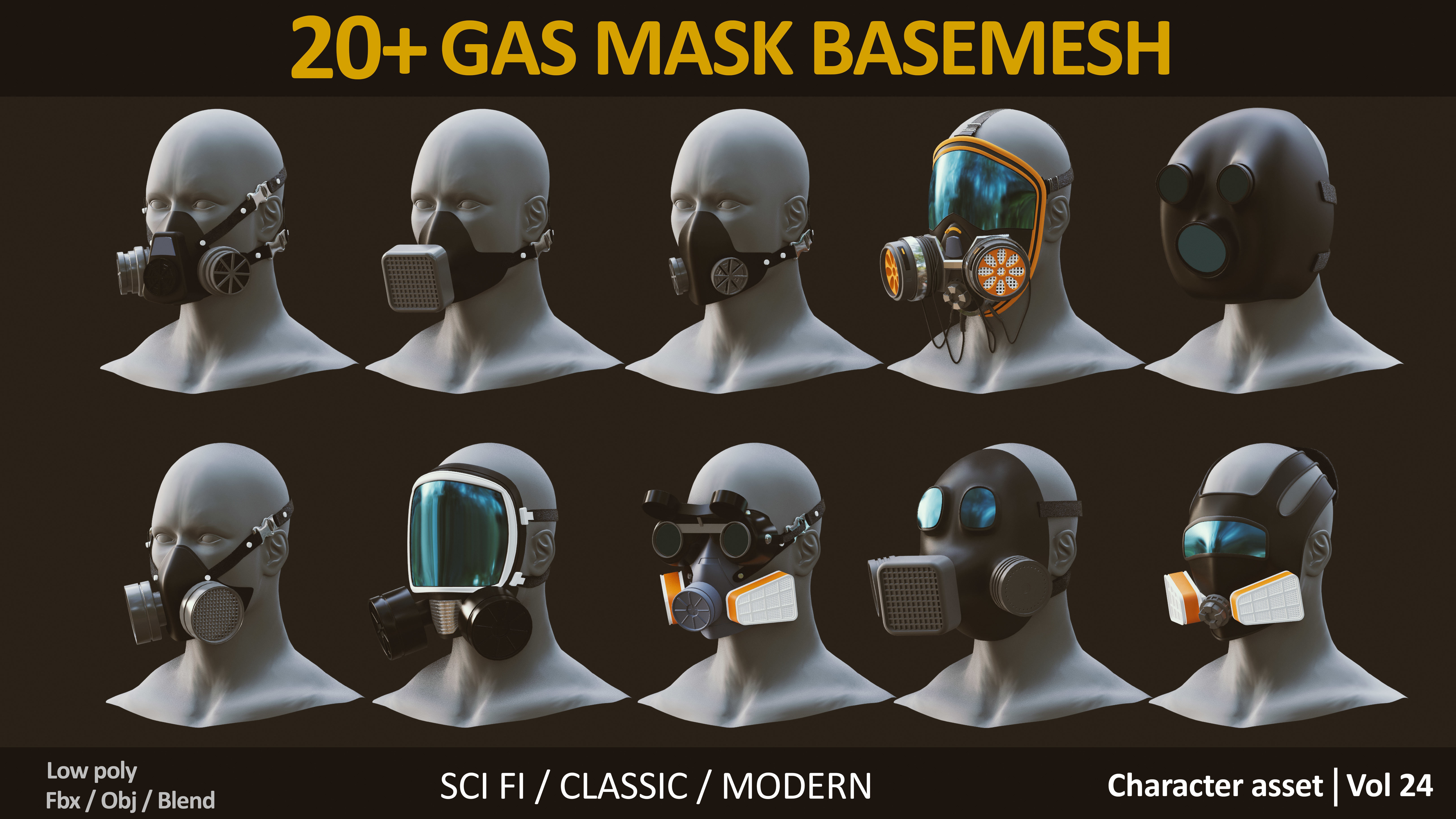 20 GAS MASKS BASEMESHES Low-poly 3D model_1