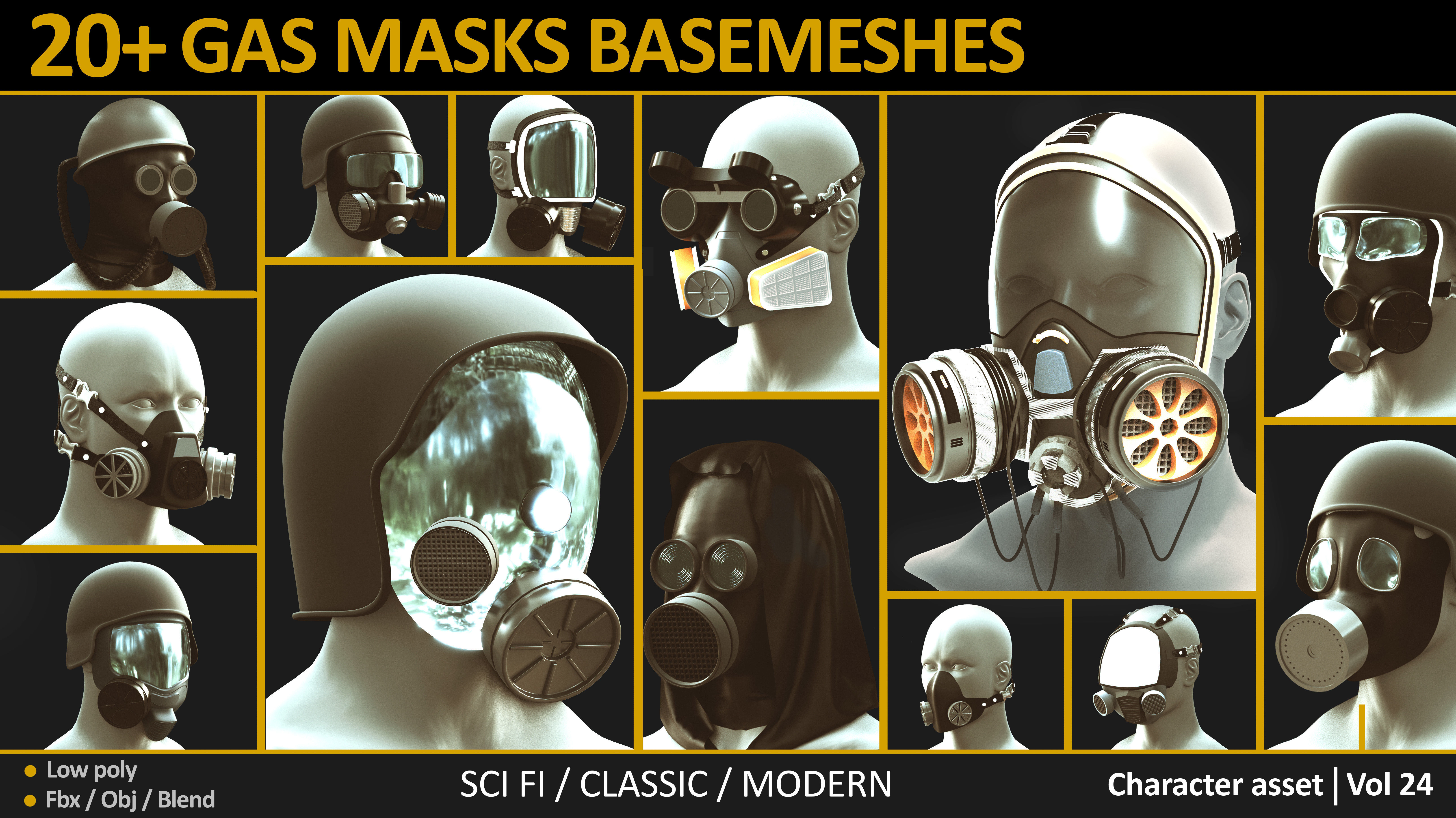 20 GAS MASKS BASEMESHES Low-poly 3D model_7