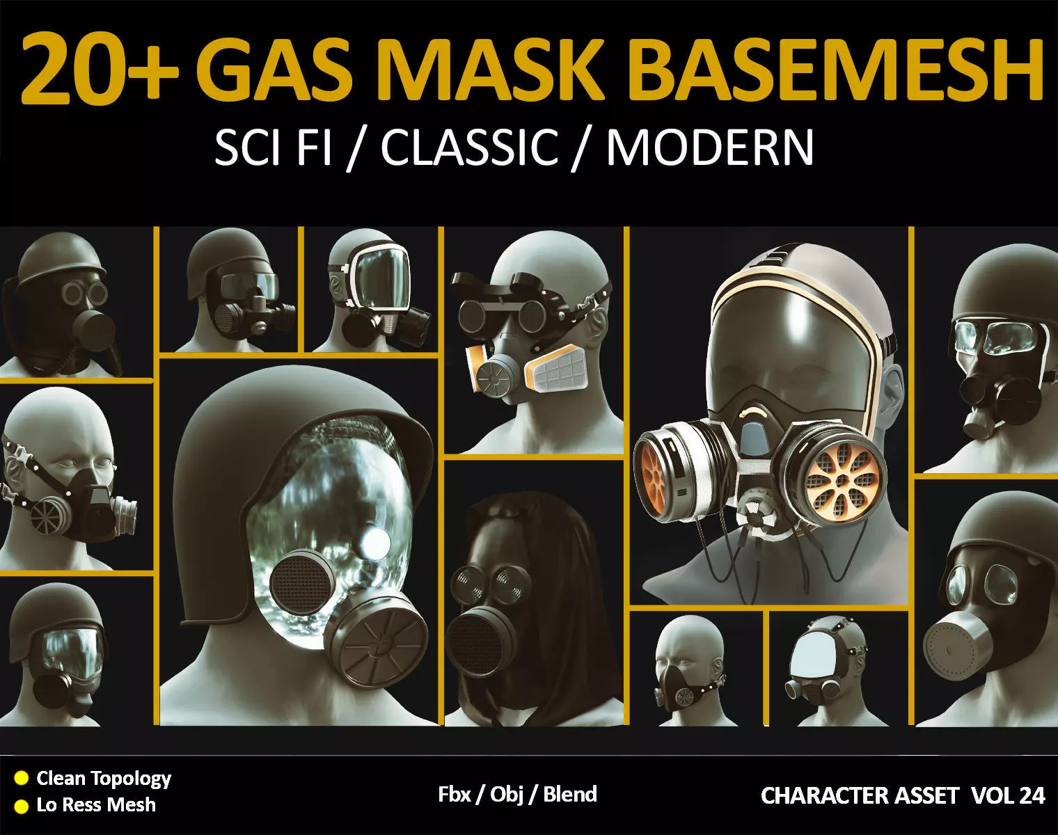 20 GAS MASKS BASEMESHES Low-poly 3D model_0