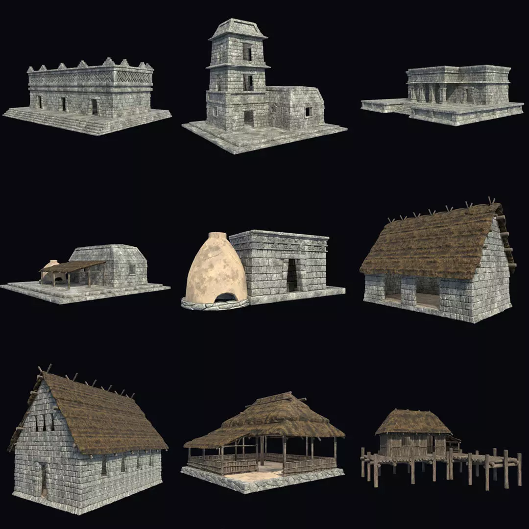 BUILDING AZTEC MAYAN INCA STONE HOUSE TEMPLE COLLECTION Low-poly 3D model_0