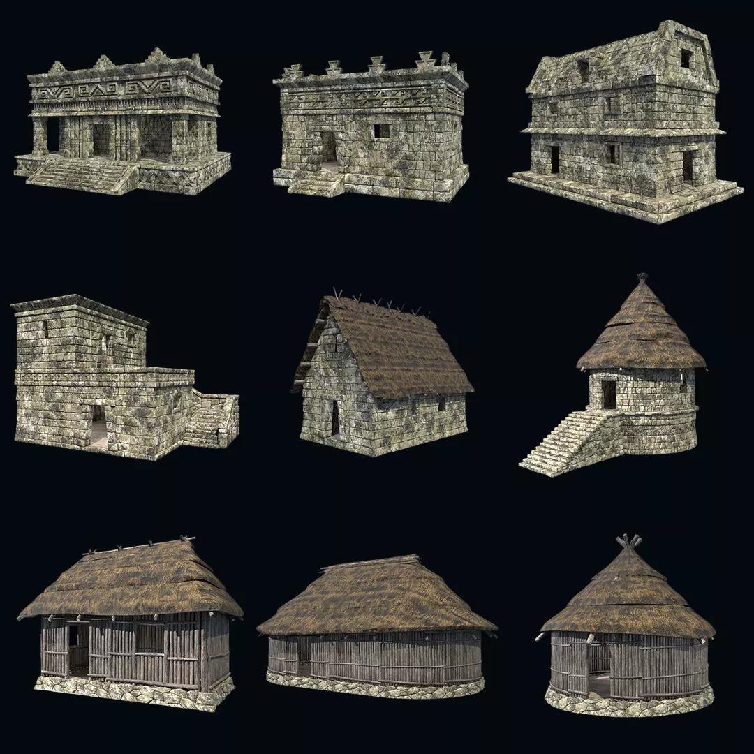 OLD ANCIENT HOUSE AZTEC MAYAN INCA STONE TEMPLE COLLECTION Low-poly 3D model_0