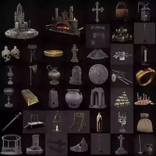 Gothic Dungeon Props Mix Three 3D Model Collection