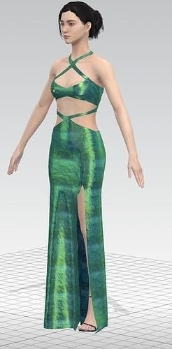 Lazer fabric Green dress  strap detail cross detail slit dress  Low-poly 3D model