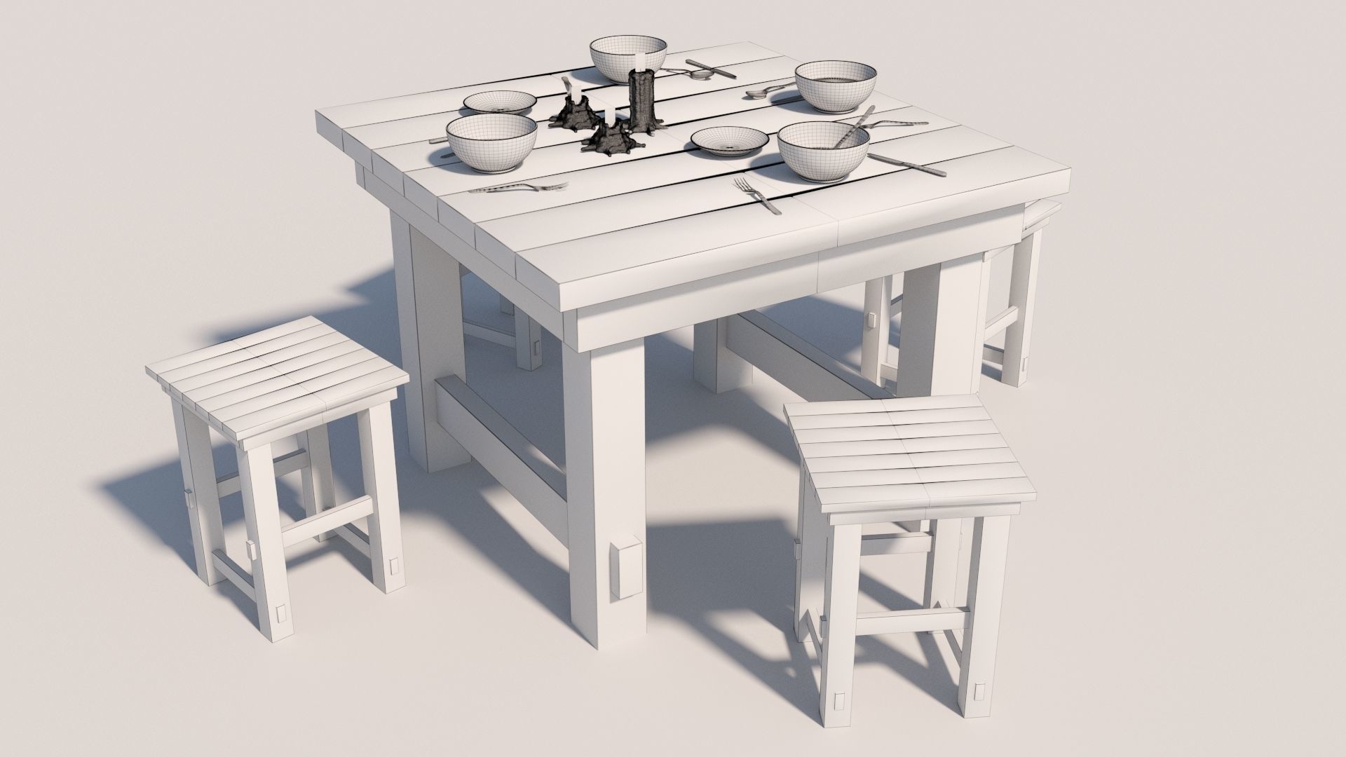 Old Table flatware With Fork Knife Spoon Bowl Plate and Candles 3D model_9