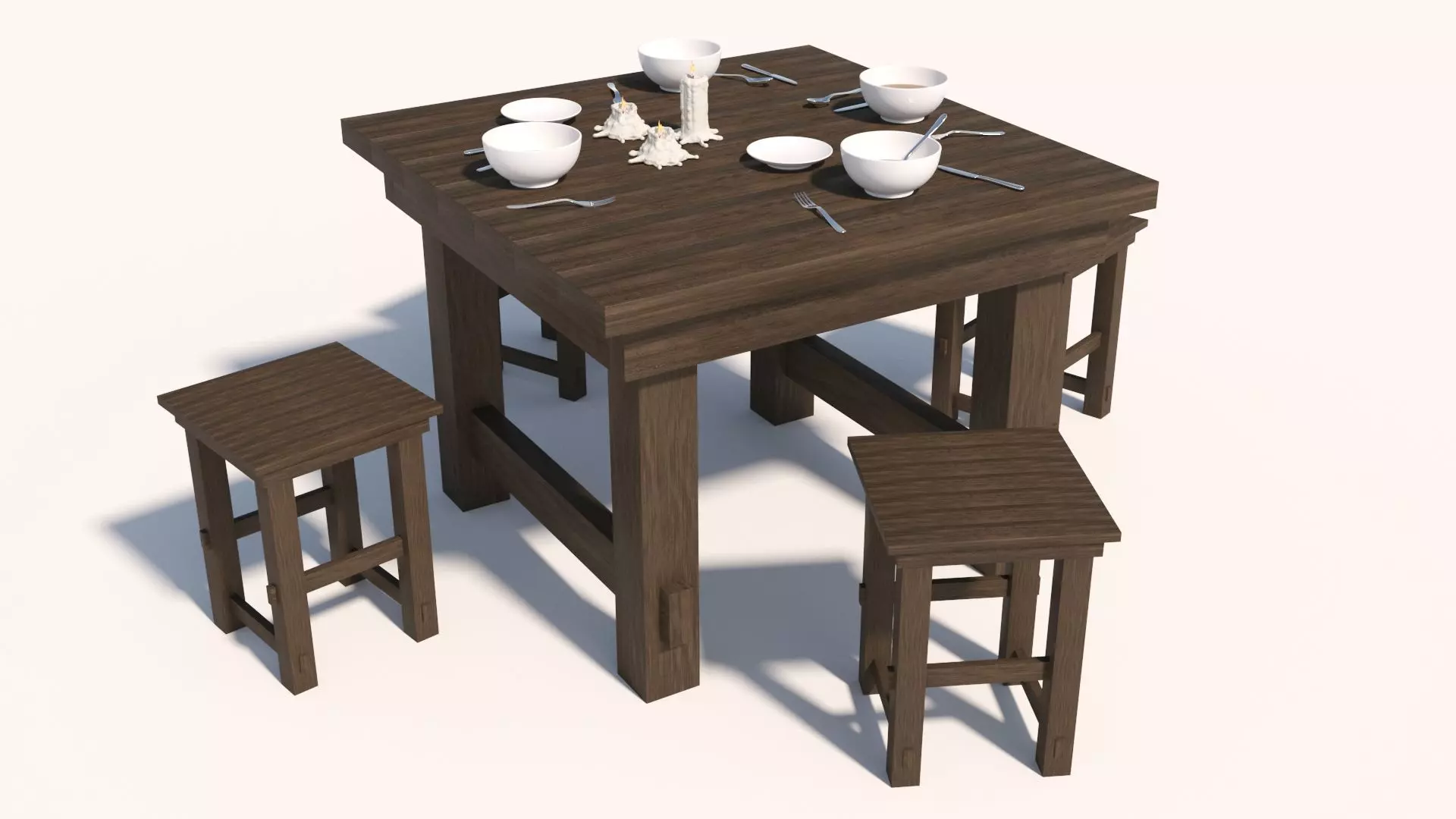 Old Table flatware With Fork Knife Spoon Bowl Plate and Candles 3D model_0