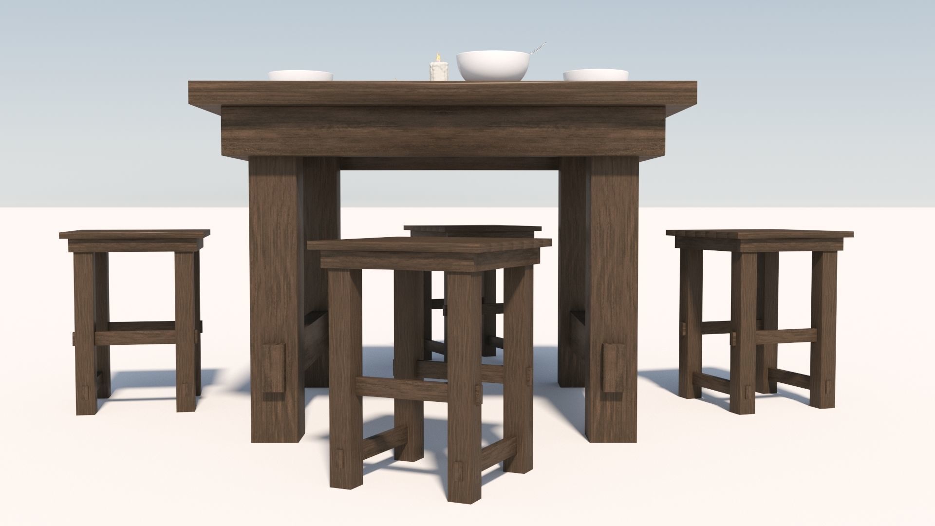 Old Table flatware With Fork Knife Spoon Bowl Plate and Candles 3D model_4