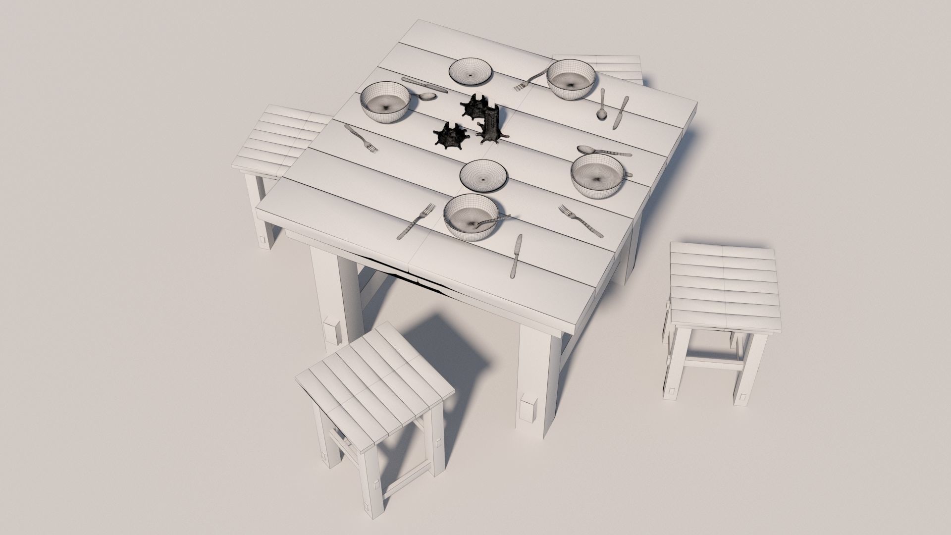 Old Table flatware With Fork Knife Spoon Bowl Plate and Candles 3D model_11