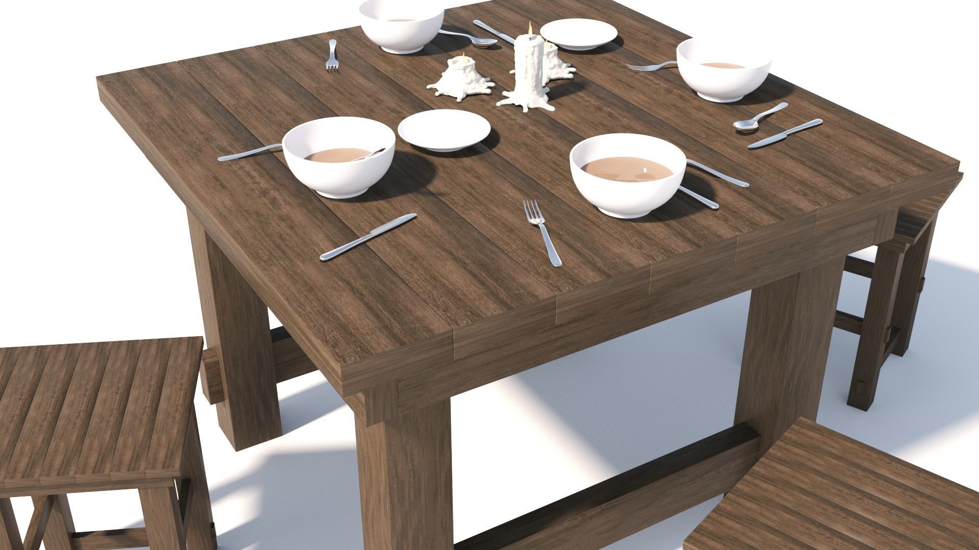 Old Table flatware With Fork Knife Spoon Bowl Plate and Candles 3D model_8