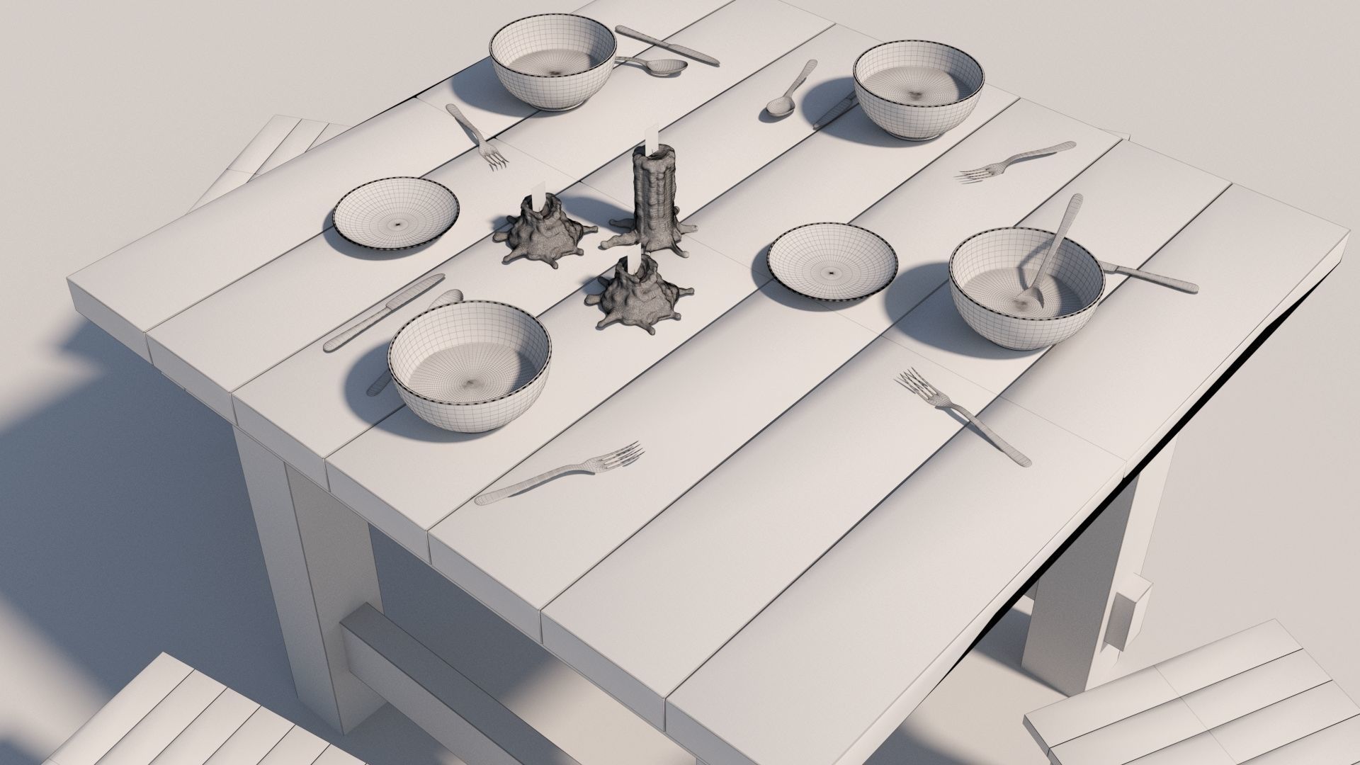 Old Table flatware With Fork Knife Spoon Bowl Plate and Candles 3D model_16