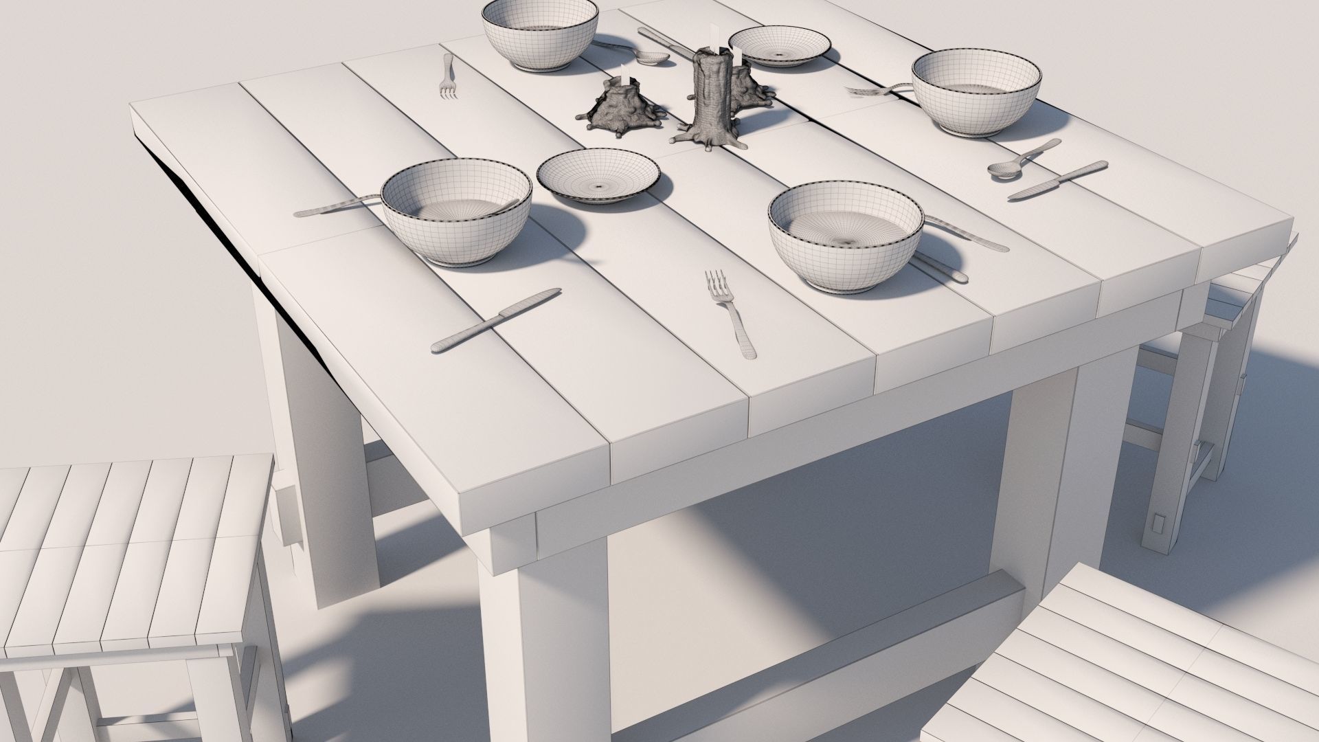 Old Table flatware With Fork Knife Spoon Bowl Plate and Candles 3D model_17