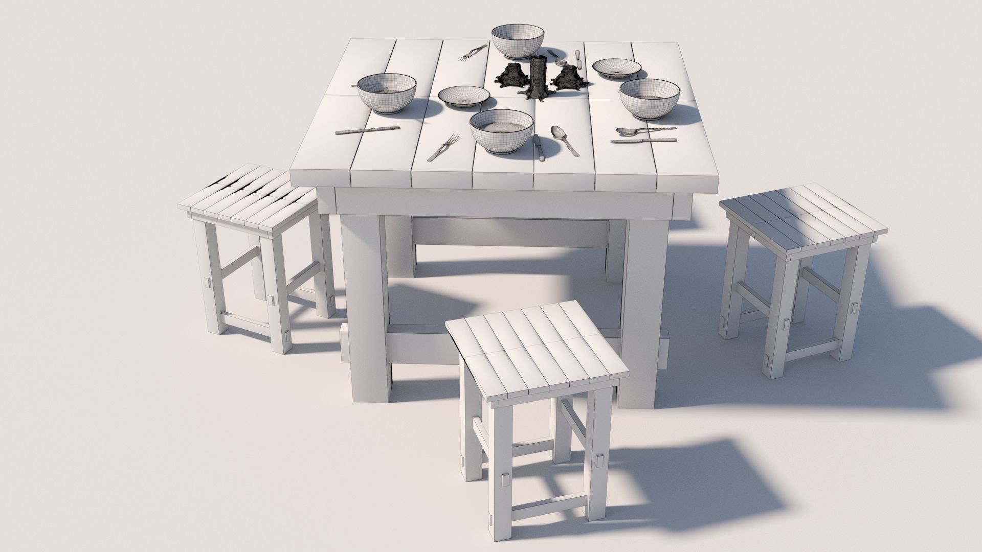 Old Table flatware With Fork Knife Spoon Bowl Plate and Candles 3D model_12