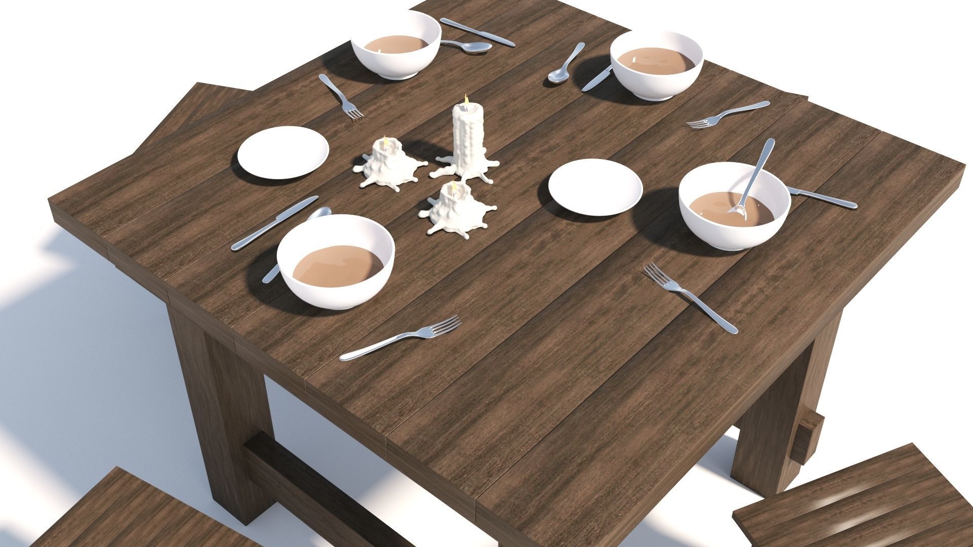 Old Table flatware With Fork Knife Spoon Bowl Plate and Candles 3D model_7