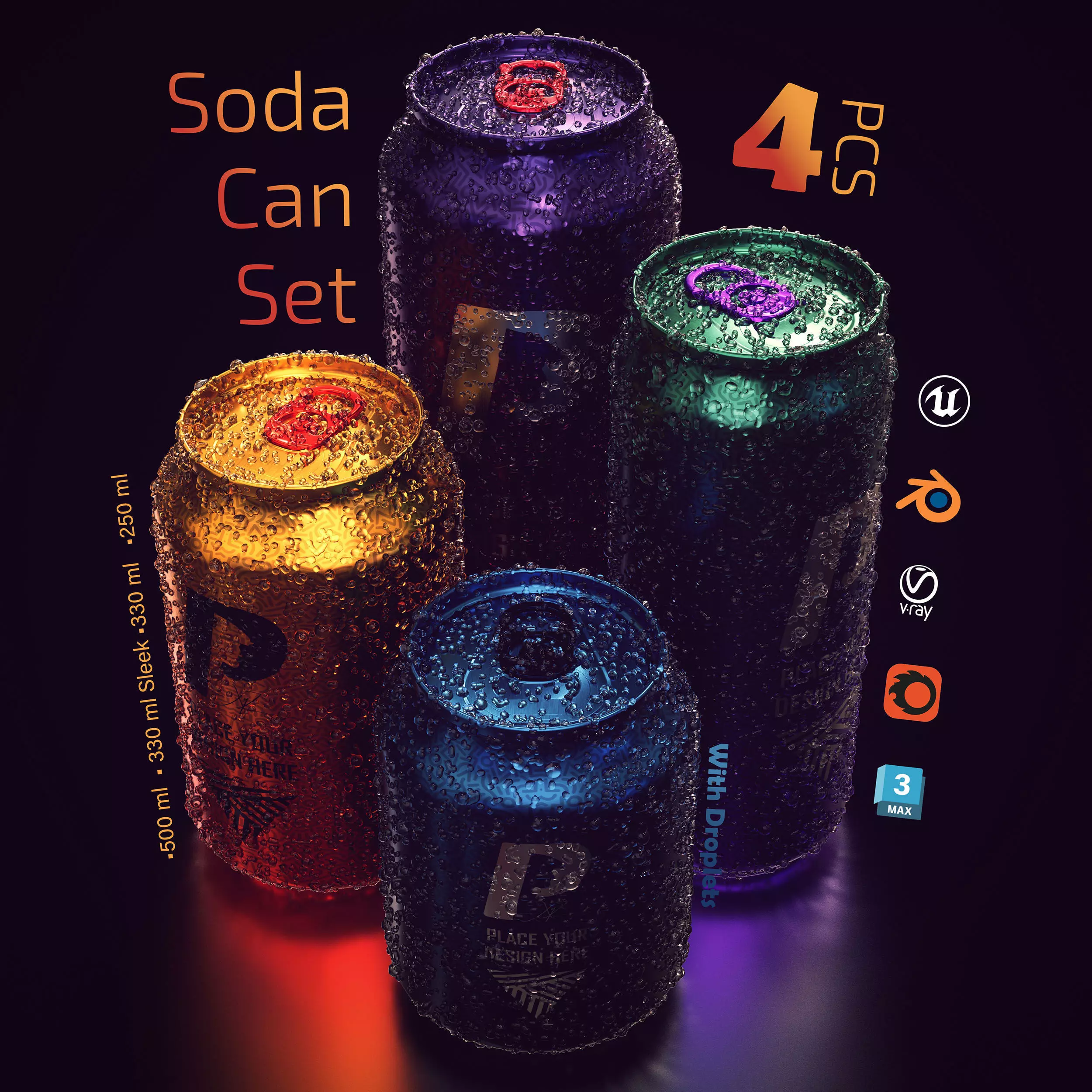 Soda Can Set with Droplets 3D model_0