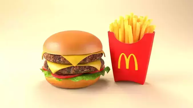 Photorealistic burger and french fries 3D model