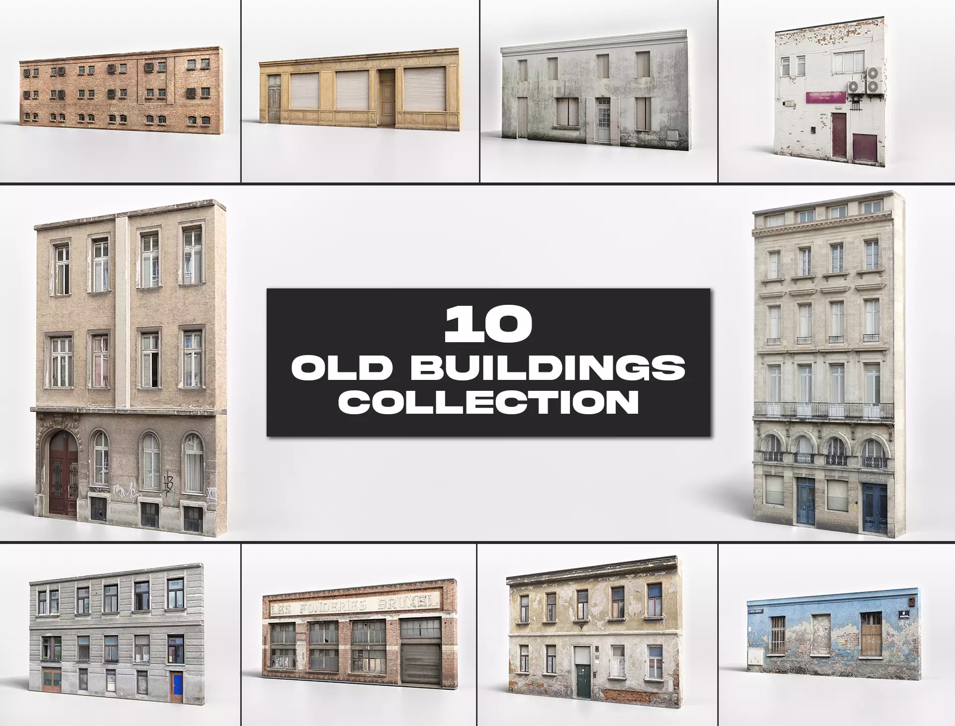10 Old Building Collection Assets Low-poly 3D model_0