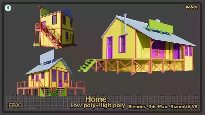 Wooden house Low-poly 3D model