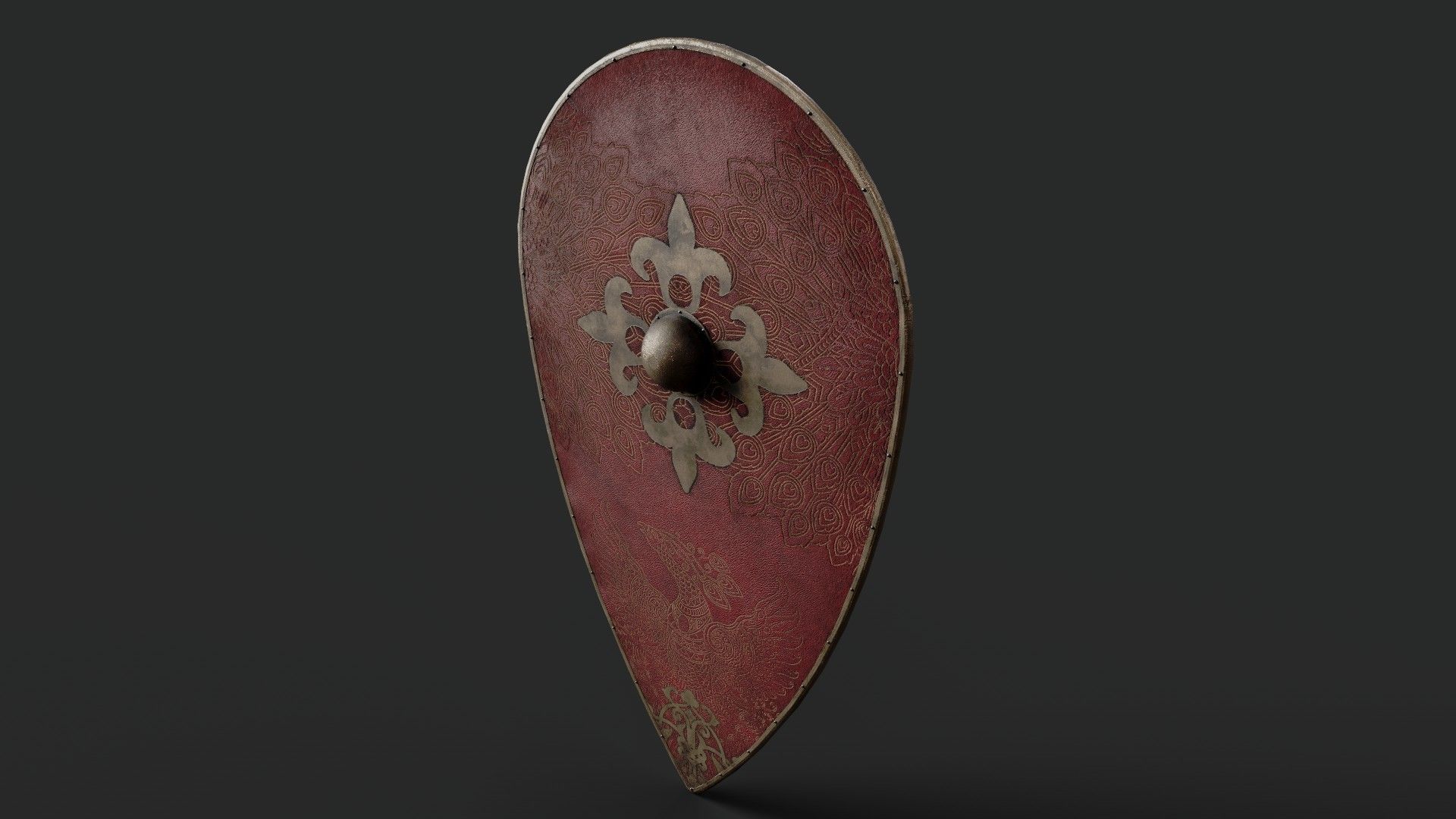 Slavic kite leather shield-painted red with peacock symbol Low-poly 3D model_5