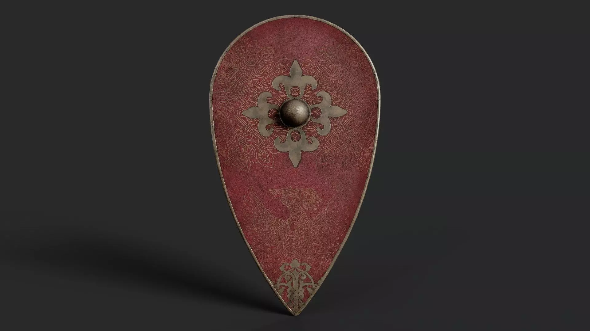 Slavic kite leather shield-painted red with peacock symbol Low-poly 3D model_0