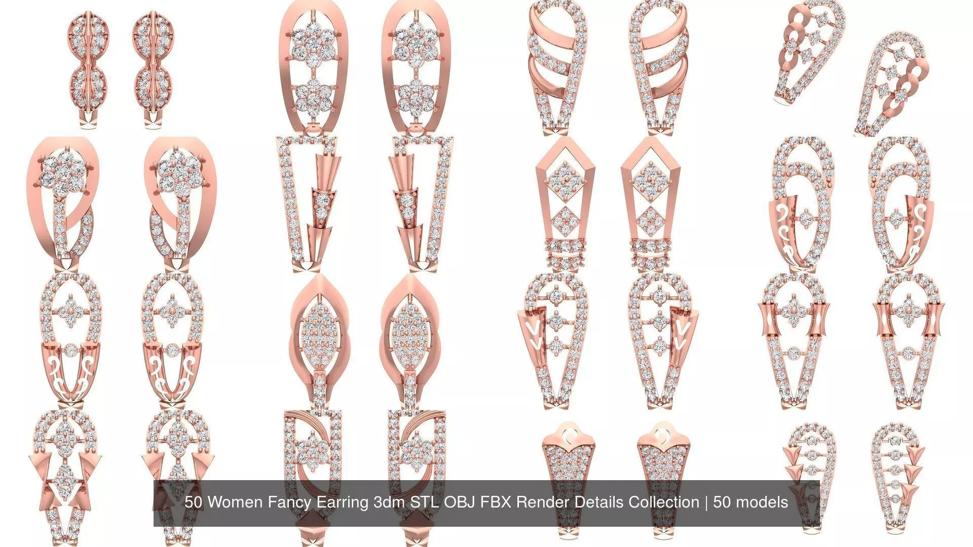 50 Women Fancy Earring 3dm STL OBJ FBX Render Details Collection _9
