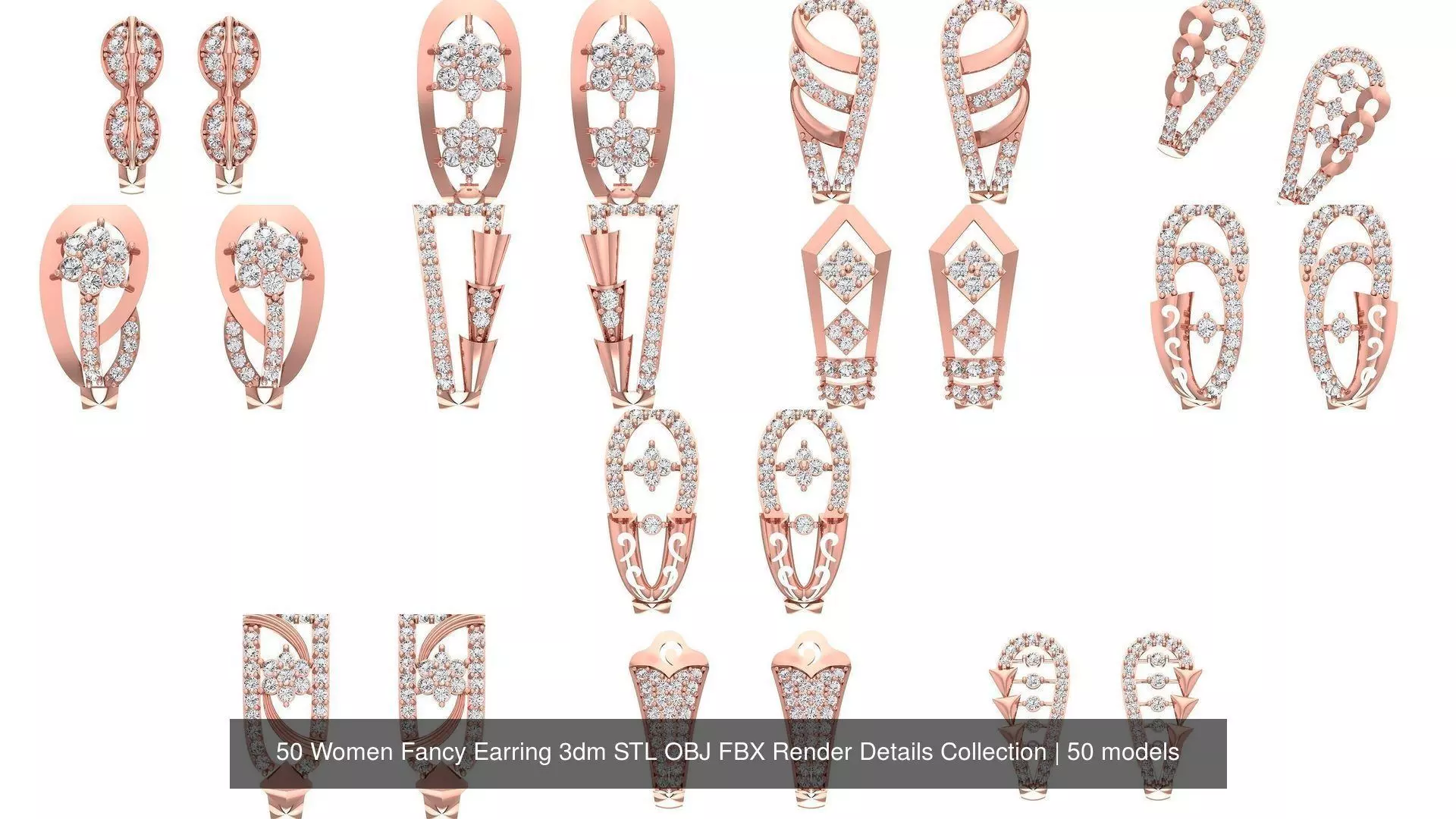 50 Women Fancy Earring 3dm STL OBJ FBX Render Details Collection _1