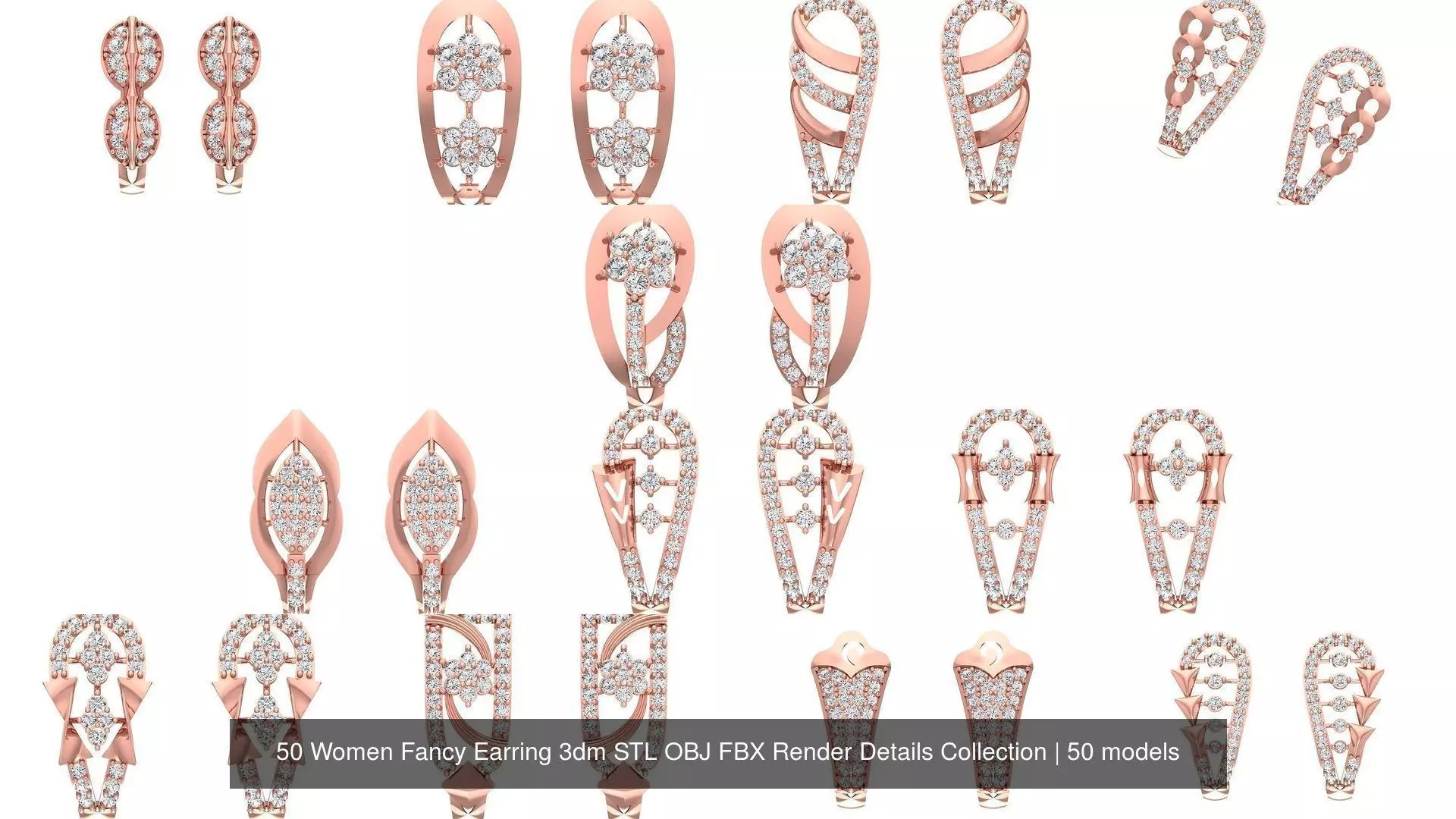 50 Women Fancy Earring 3dm STL OBJ FBX Render Details Collection _8