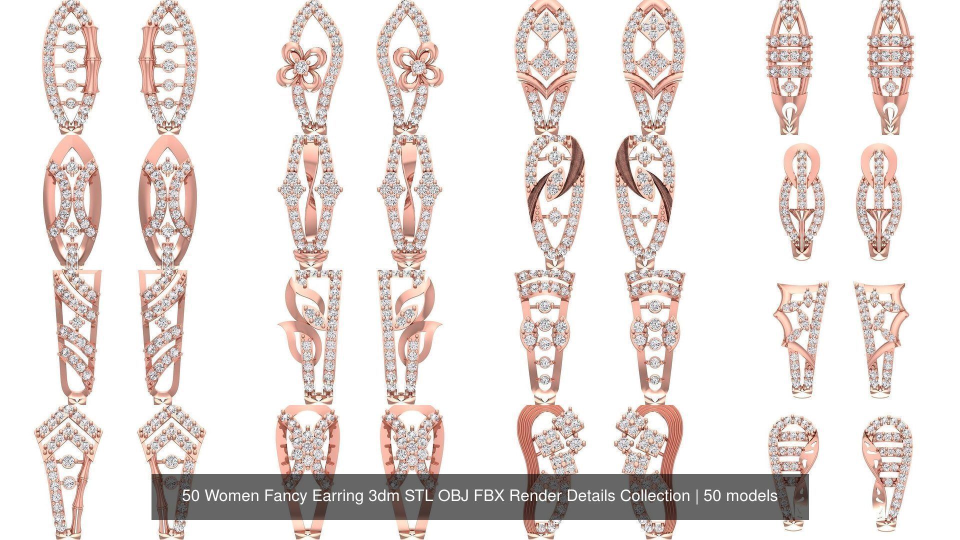 50 Women Fancy Earring 3dm STL OBJ FBX Render Details Collection _28