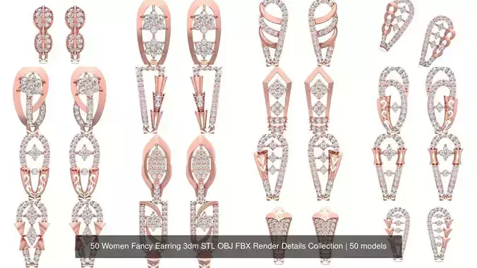 50 Women Fancy Earring 3dm STL OBJ FBX Render Details Collection 