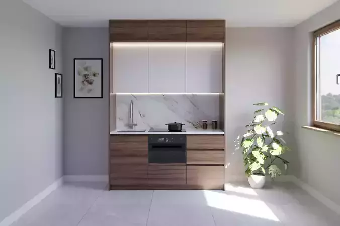 Mini small kitchen walnut white and marble 3D model