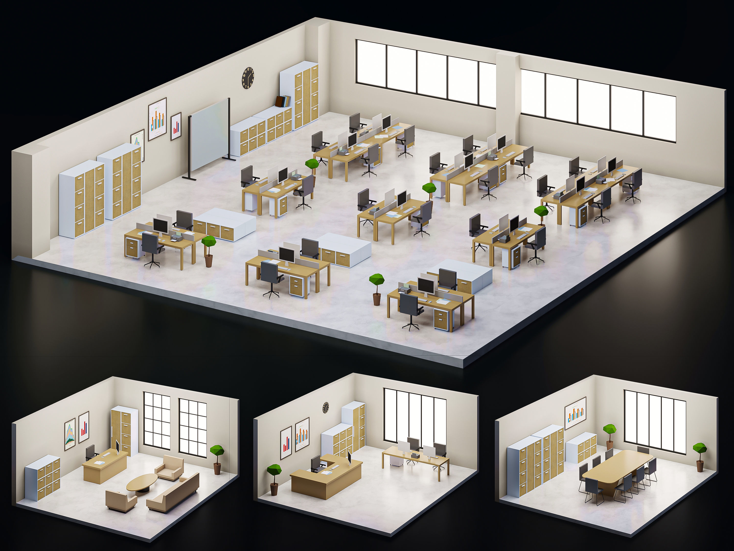 5 set low poly interior office Low-poly 3D model_1