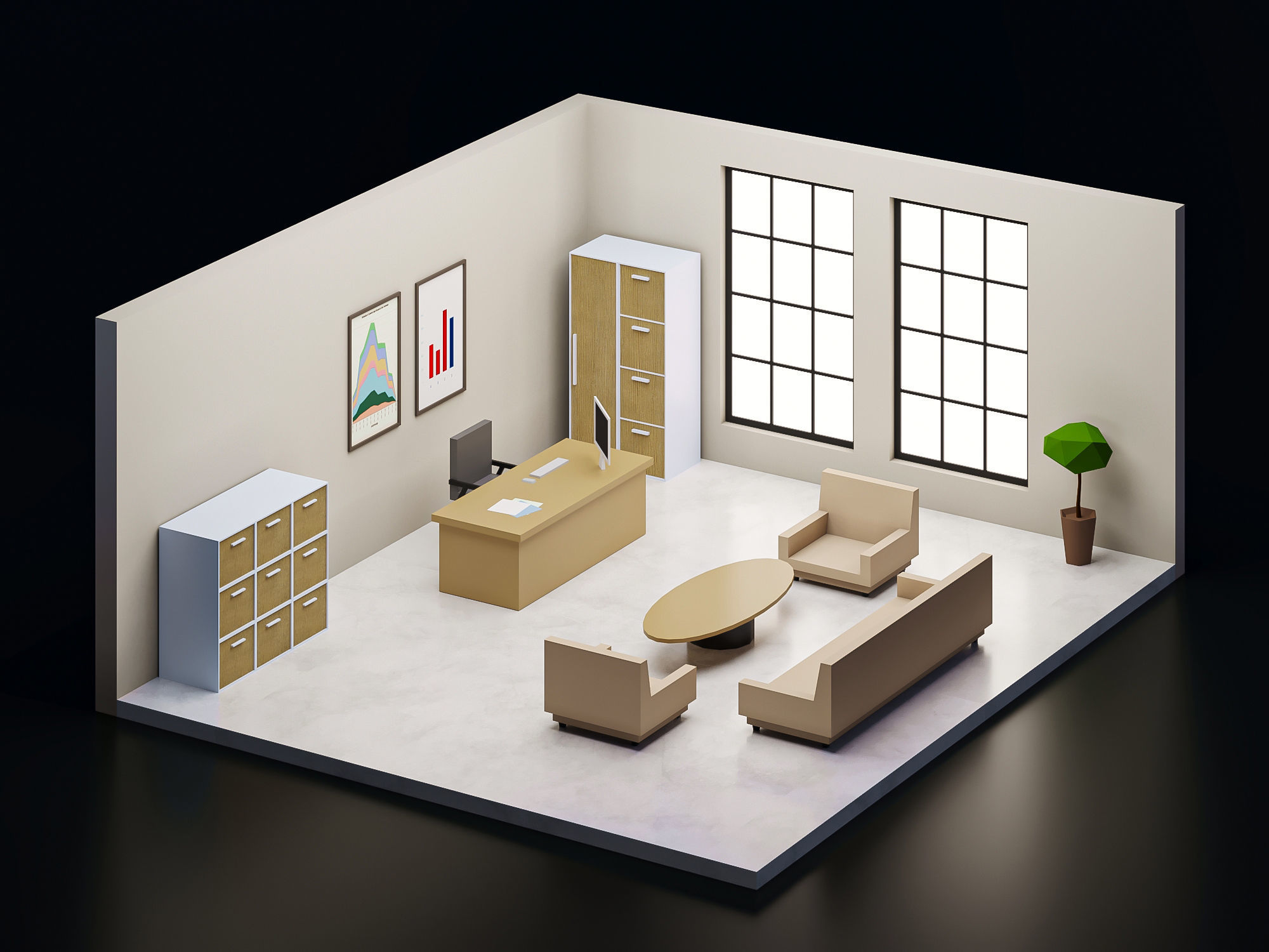 5 set low poly interior office Low-poly 3D model_4