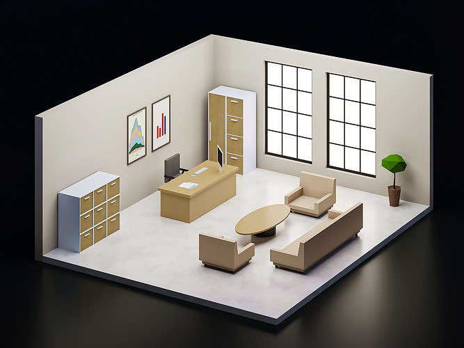 5 set low poly interior office Low-poly 3D model 5