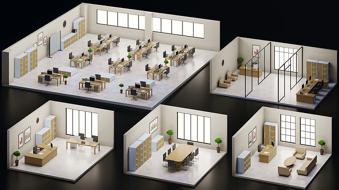 5 set low poly interior office Low-poly 3D model 3
