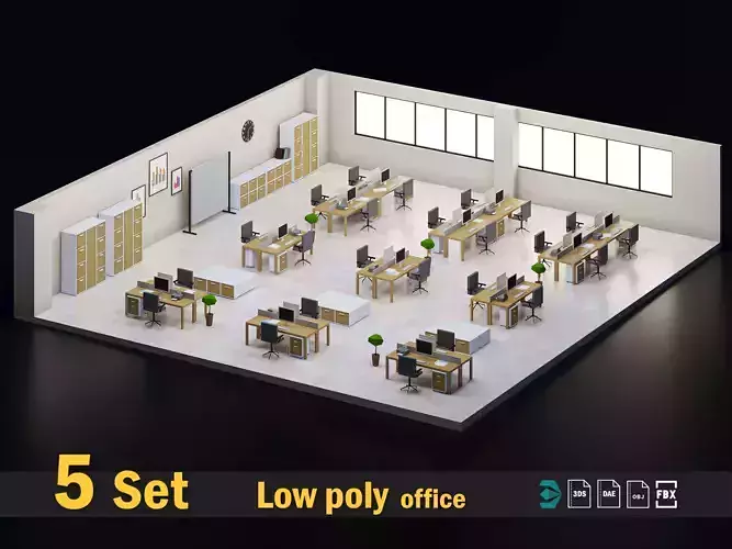 5 set low poly interior office Low-poly 3D model