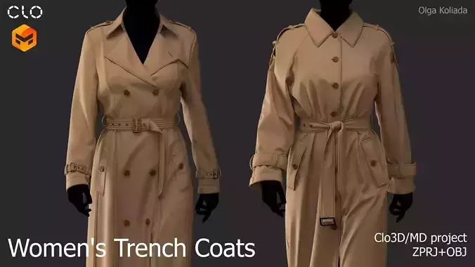Womens Trench Coats Marvelous Designer project and OBJ