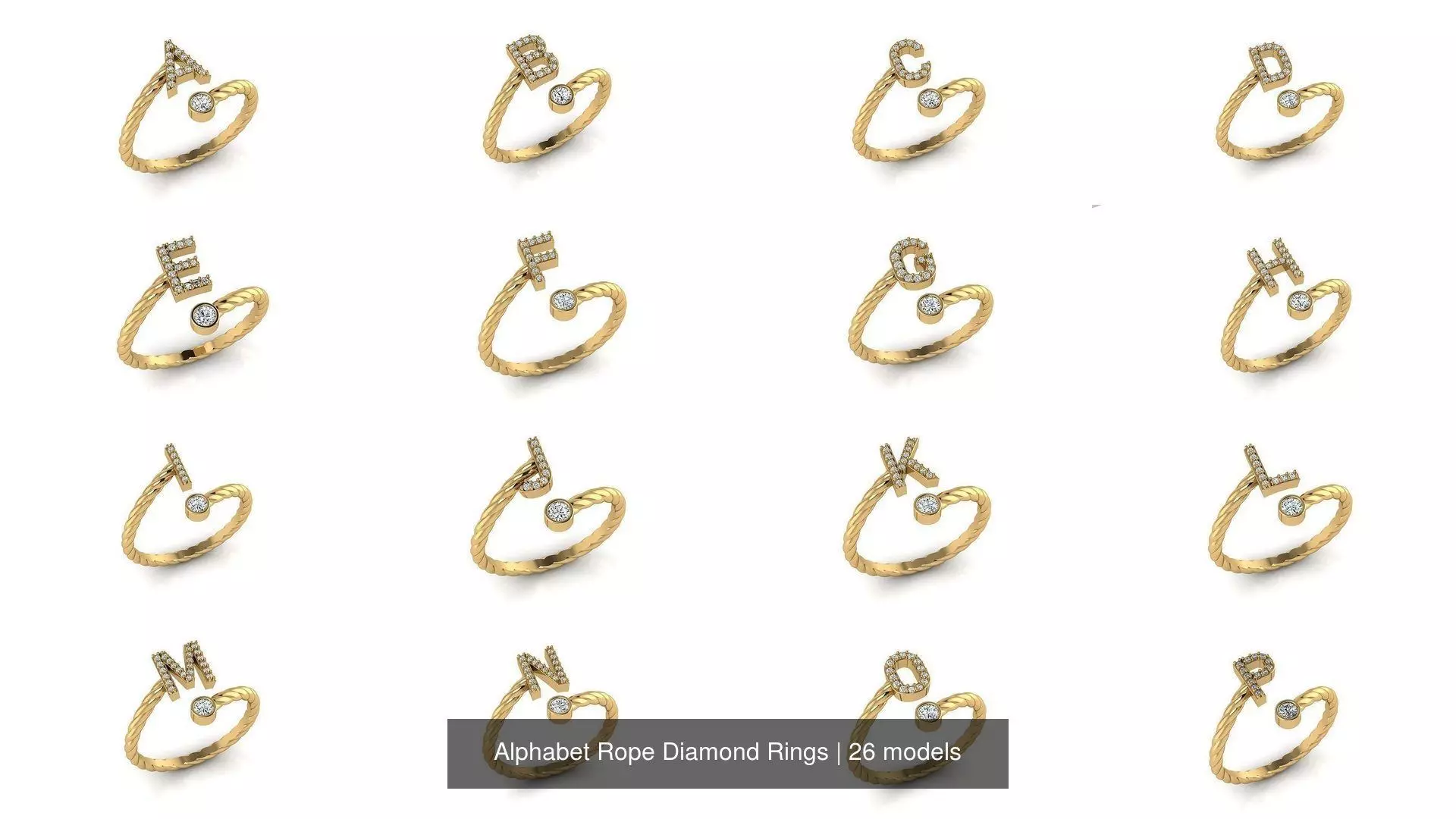 Alphabet Rope Diamond Rings 3D Model Pack