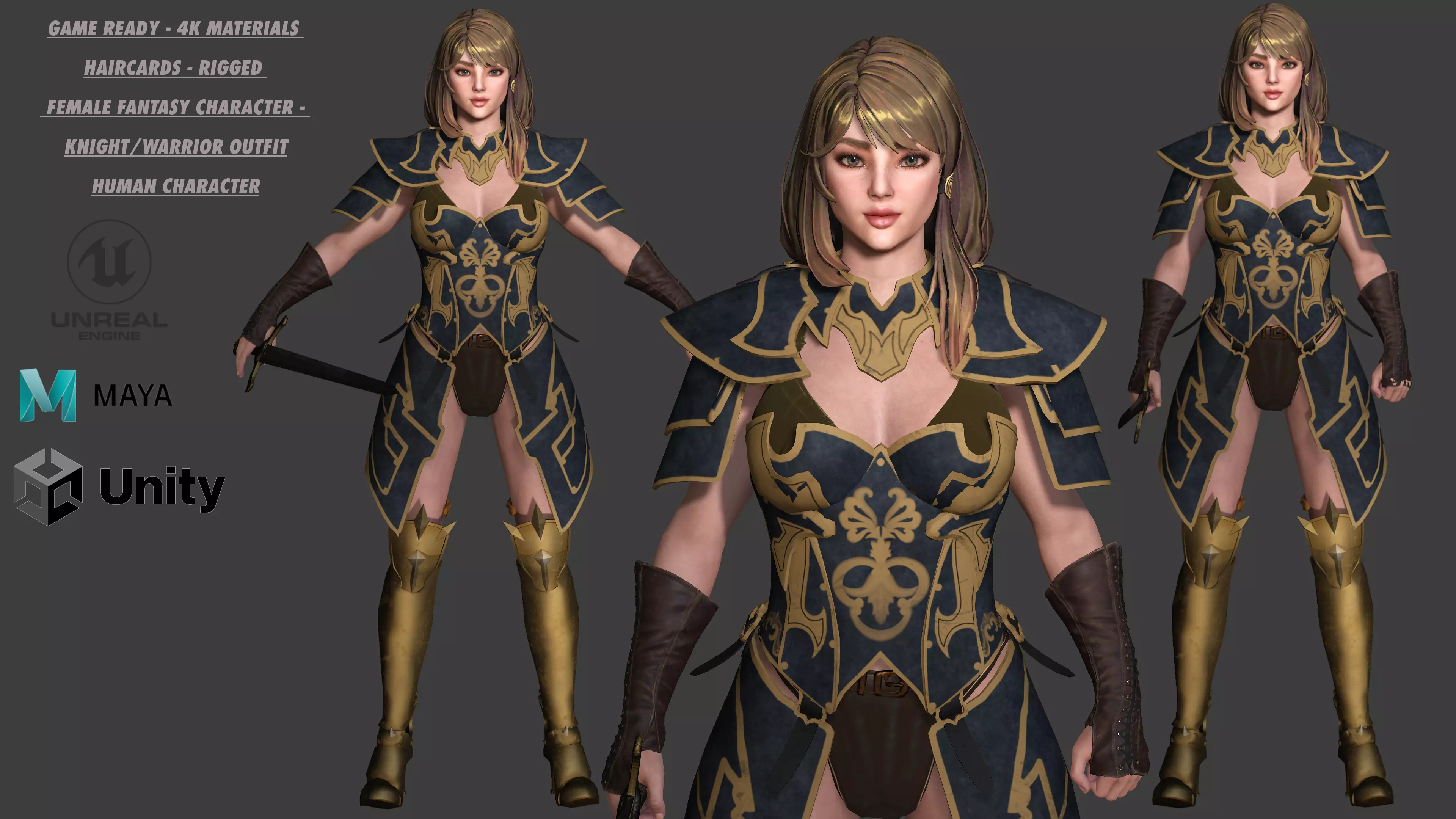 AAA 3D FANTASY FEMALE WARIOR KNIGHT-REALISTIC RIG GAME CHARACTER Low-poly 3D model_0
