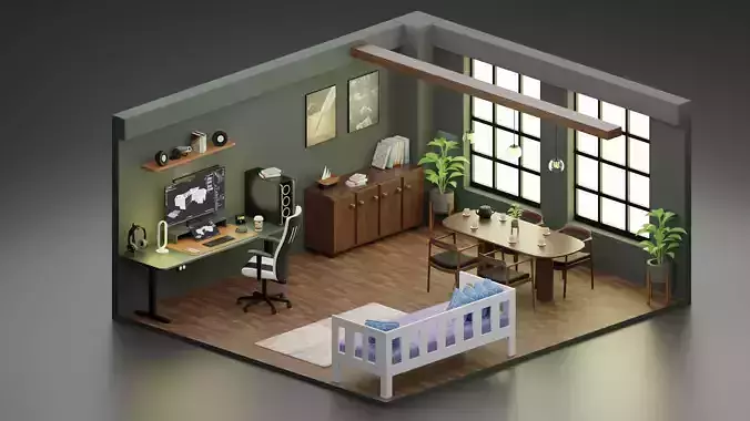 LIVING AND OFFICE ROOM 3D model