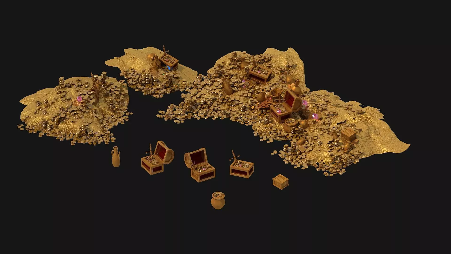 Treasure Hoard Gold Coins and Chests Pack 3D model_0