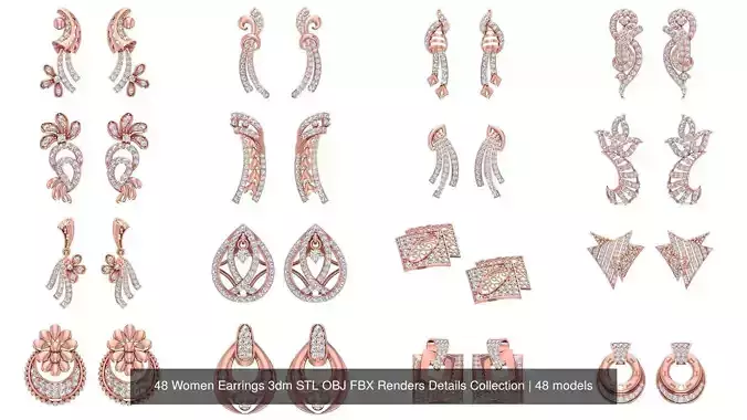48 Women Earrings 3dm STL OBJ FBX Renders Details Collection