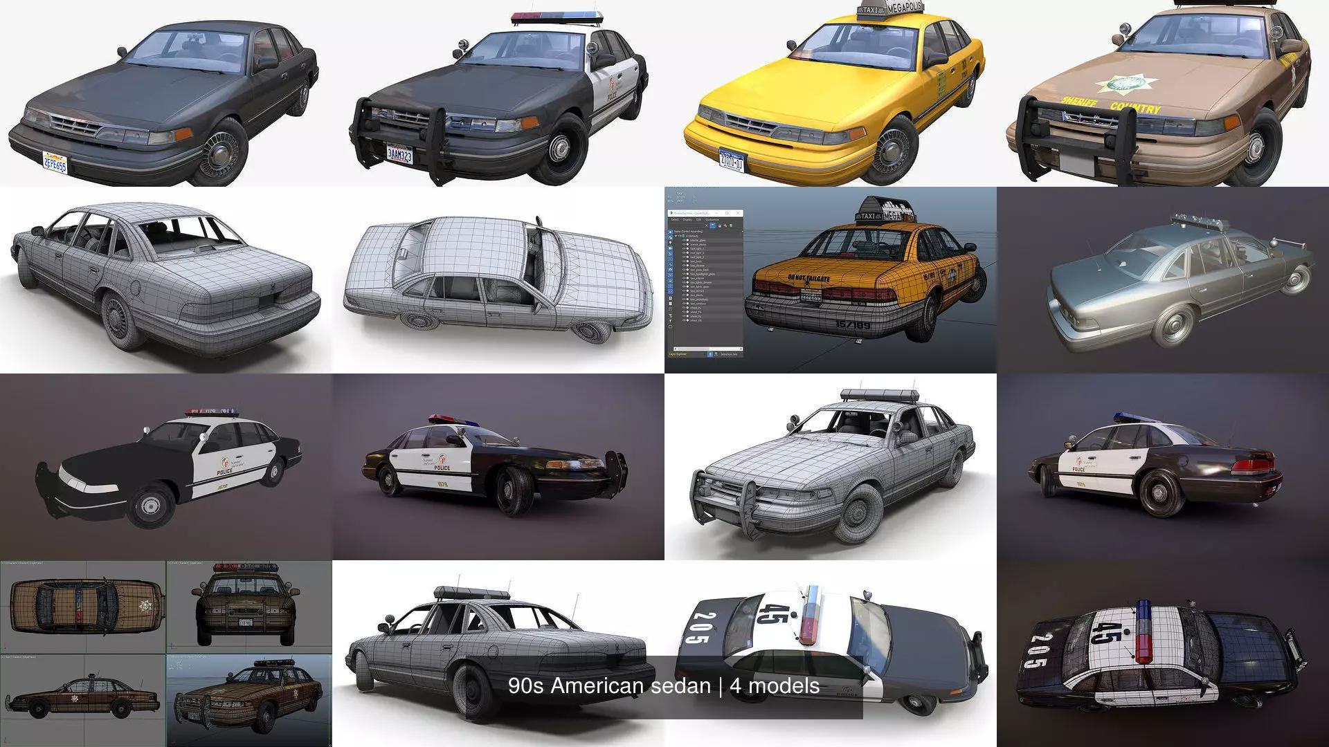 90s American sedan 3D Model Collection_3